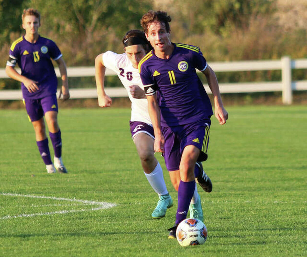 Parker Scottberg of CM dribbles the ball Wednesday in his team’s win over Litchfield in the Class 2A Bethalto Regional at the Bethalto Sports Complex. Scottberg has scored 23 goals and has added a whopping 31 assists on the season.