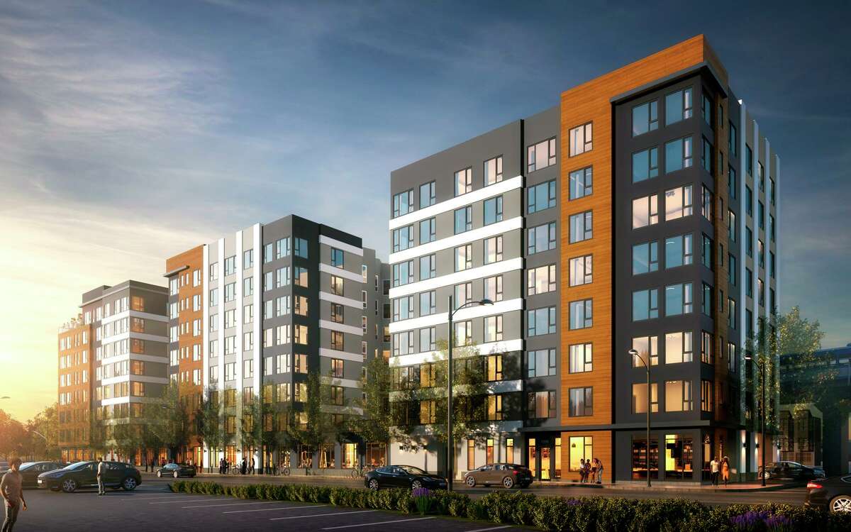 A rendering of a proposed eight-story residential building with 222 units at 1396 Fifth St., a vacant parcel about a mile from the West Oakland BART Station. The project includes 16 very low-income units. It has been delayed by the city council.