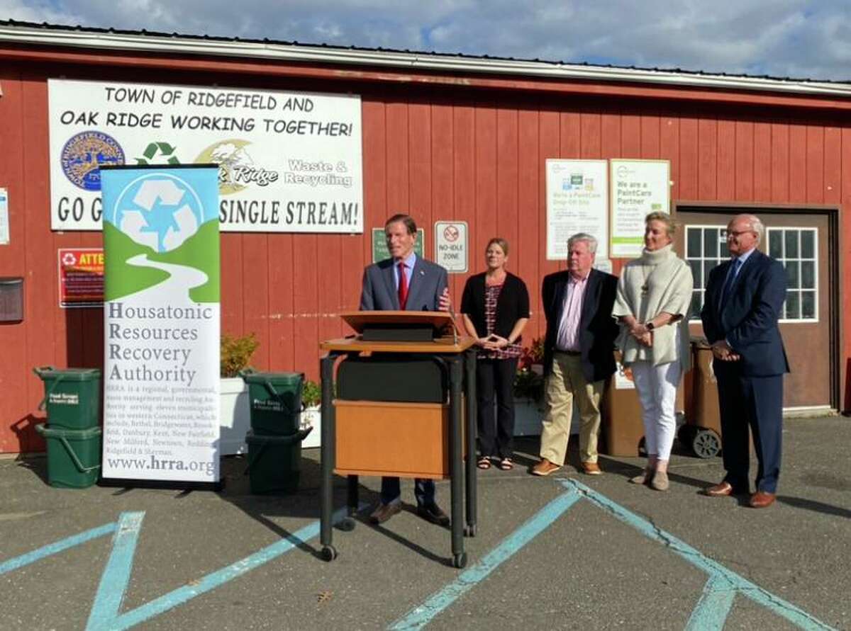 On Friday, U.S. Senator Richard Blumenthal (D-Conn.), at lectern, announced that the Housatonic Resources Recovery Authority was been awarded a $2 million dollar grant from the U.S. Department of Agriculture to launch a local composting system aimed at improving local food waste management and reducing the carbon footprint.