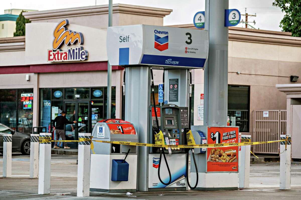 A view of the gas station where Ersie Joyner, a homegrown native who once headed the city’s police homicide unit and its pivotal violence-intervention program, was shot in a brazen delight robbery in Oakland on Friday, October 22, 2021.