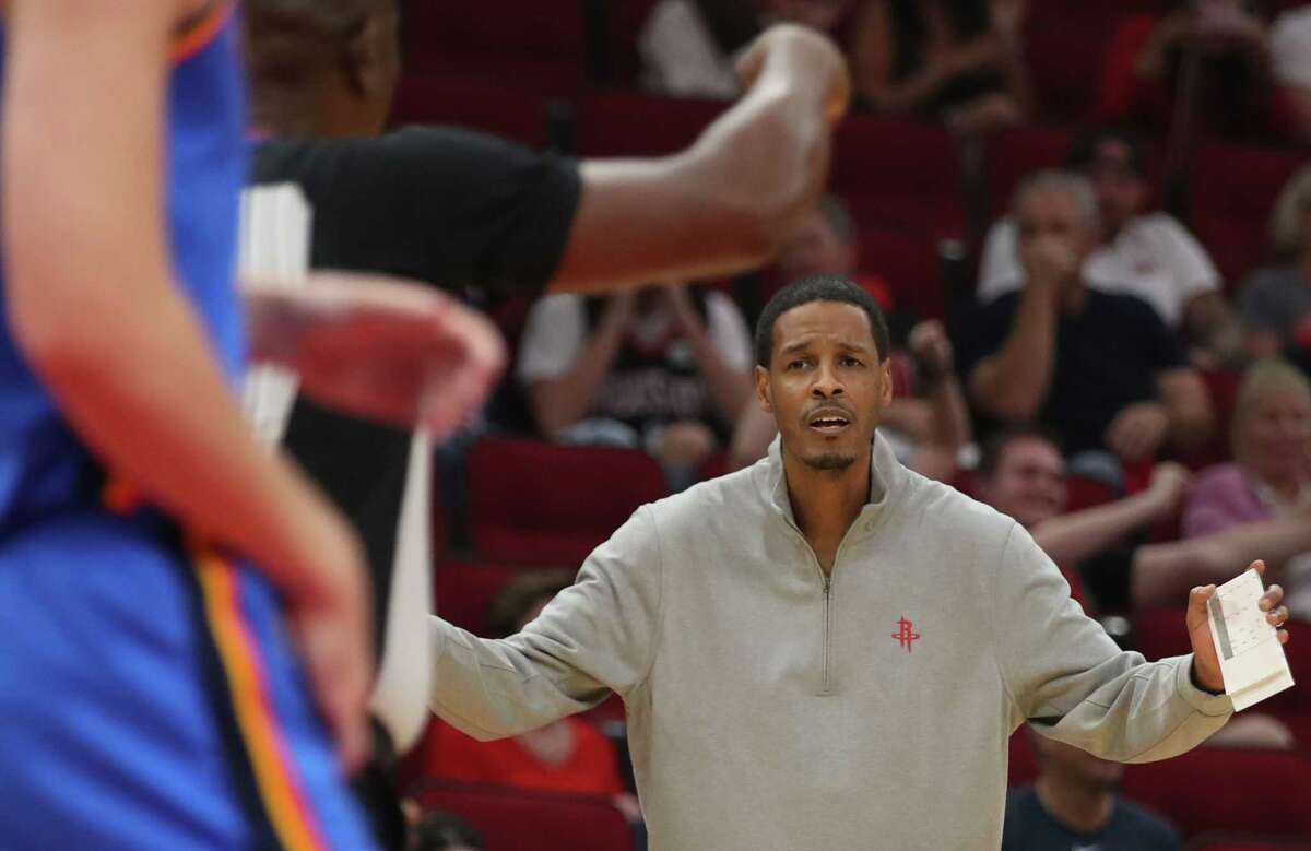 Houston Rockets Head Coach Stephen Silas reacts to a call during the second quarter of an NBA game Friday, Oct. 22, 2021, at the Toyota Center in Houston.