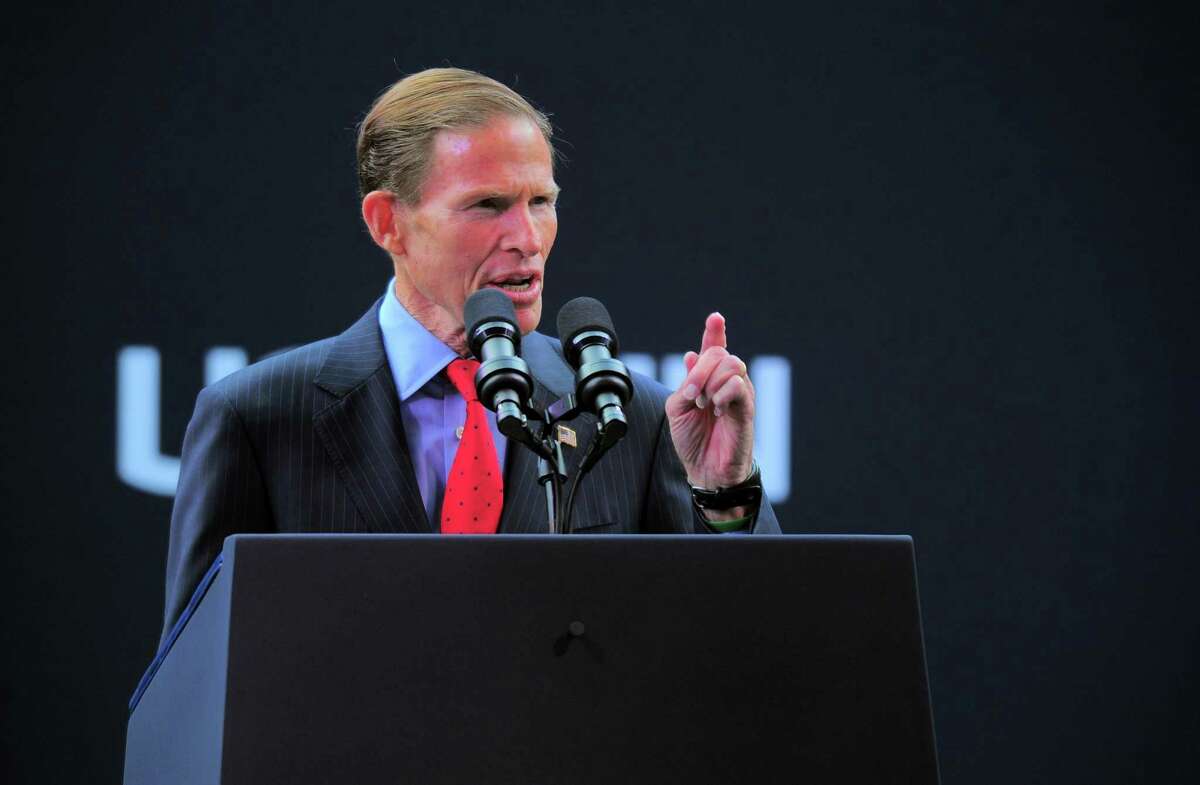 US Senator Richard Blumenthal speaks during the dedication of The Dodd Center for Human Rights on the campus of UConn in Storrs, Conn., on Friday October 15, 2021. President Joe Biden came through Connecticut with a visit to a daycare center in Hartford and to the center at UConn.