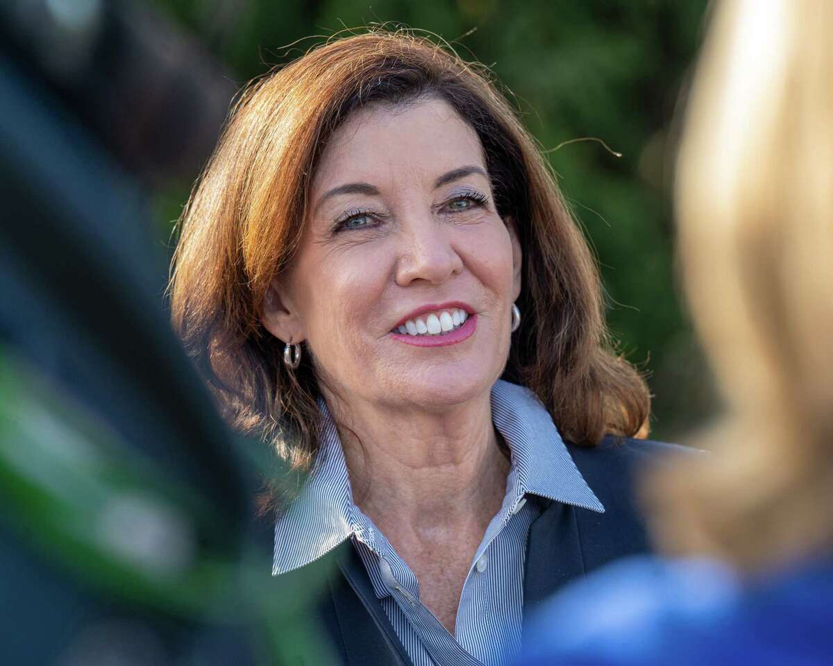 Gov. Kathy Hochul answers questions at Kross Keyes Drive in Colonie on Saturday, Oct. 23, 2021. Hochul and the state legislature will get to decide how to spend billions of dollars in federal aid to the state in the upcoming legislative session. (Jim Franco/Special to the Times Union)