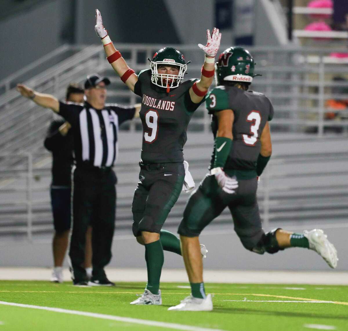 The Woodlands defensive back Harrison DiPasquale (9), shown here earlier this month against Willis, had an interception in Friday night’s win over Grand Oaks.