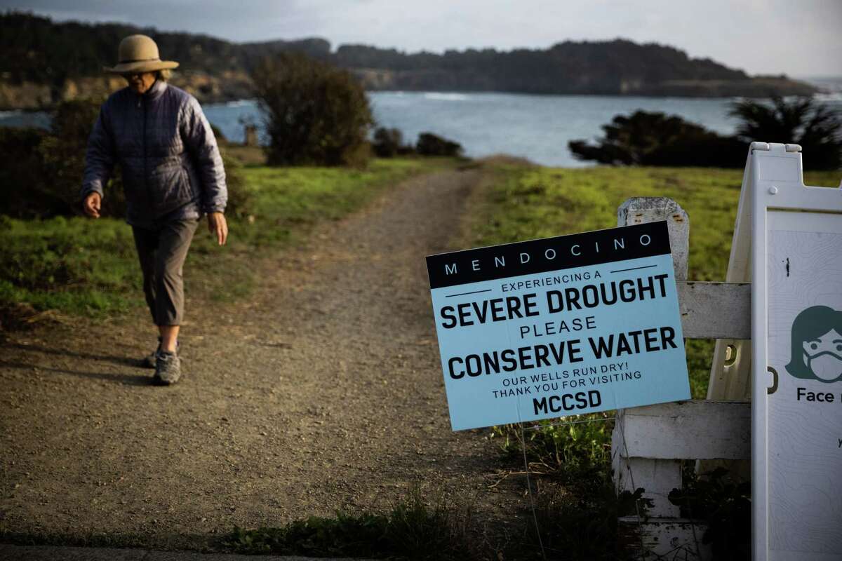 A sign warns visitors of the drought in Mendocino County, Calif., on Oct. 7.