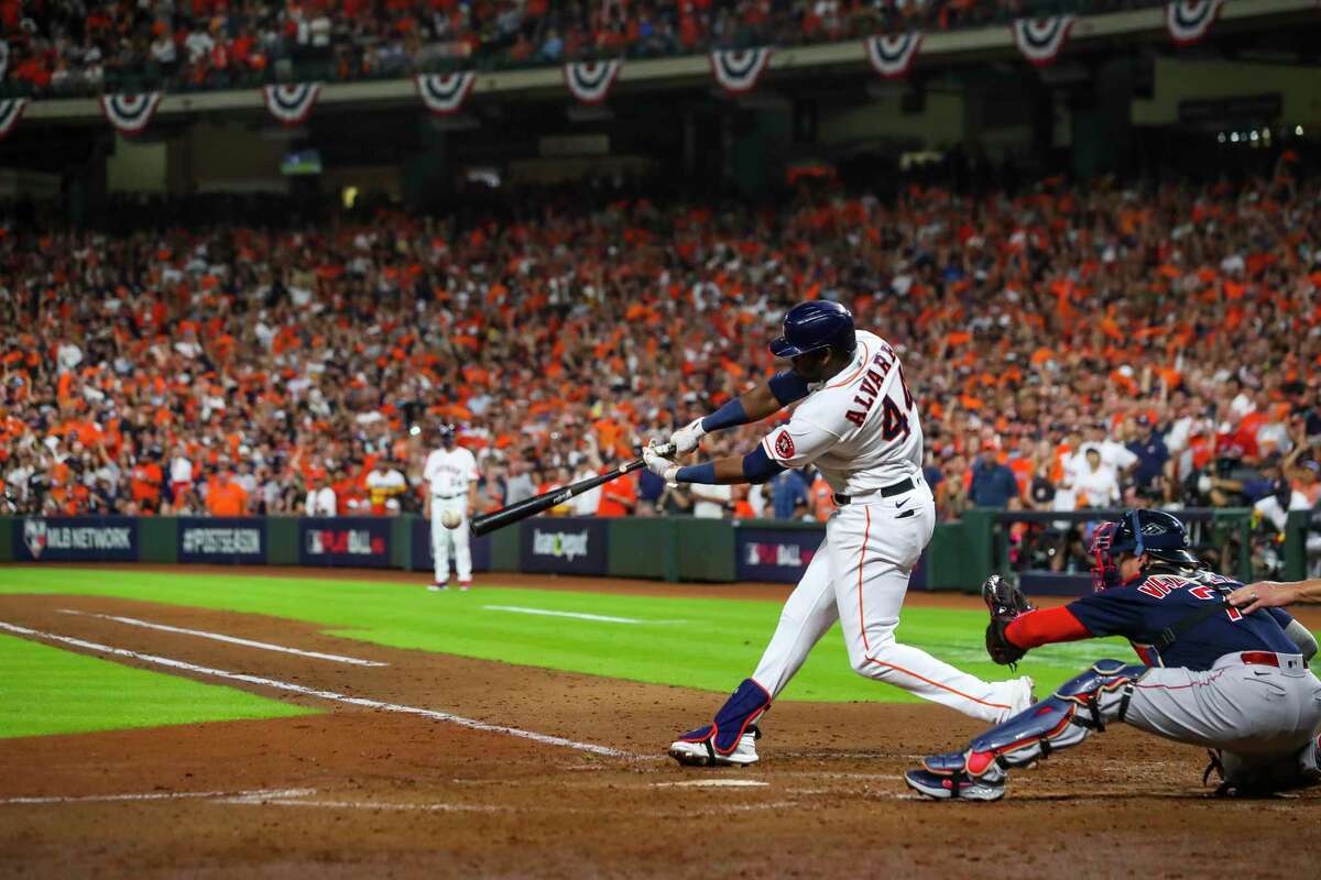 Houston Astros designated hitter Yordan Alvarez (44) hits a triple off of Boston Red Sox relief pitcher Josh Taylor (38) to start the bottom of the sixth inning in Game 6 of the American League Championship Series on Friday, Oct. 22, 2021 at Minute Maid Park in Houston.