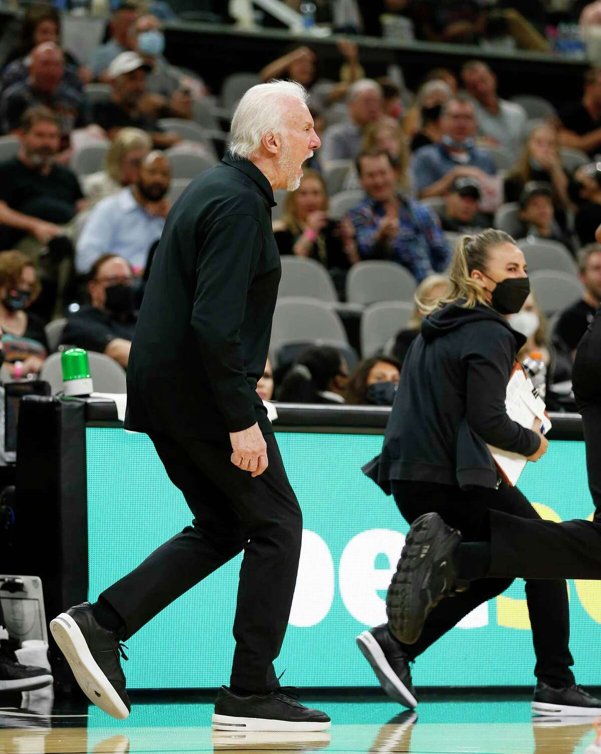 Gregg Popovich head coach of the San Antonio Spurs reacts to a foul. Milwaukee Bucks defeated the San Antonio Spurs 121-111 at the AT&T Center I on Saturday Oct. 23, 2021.