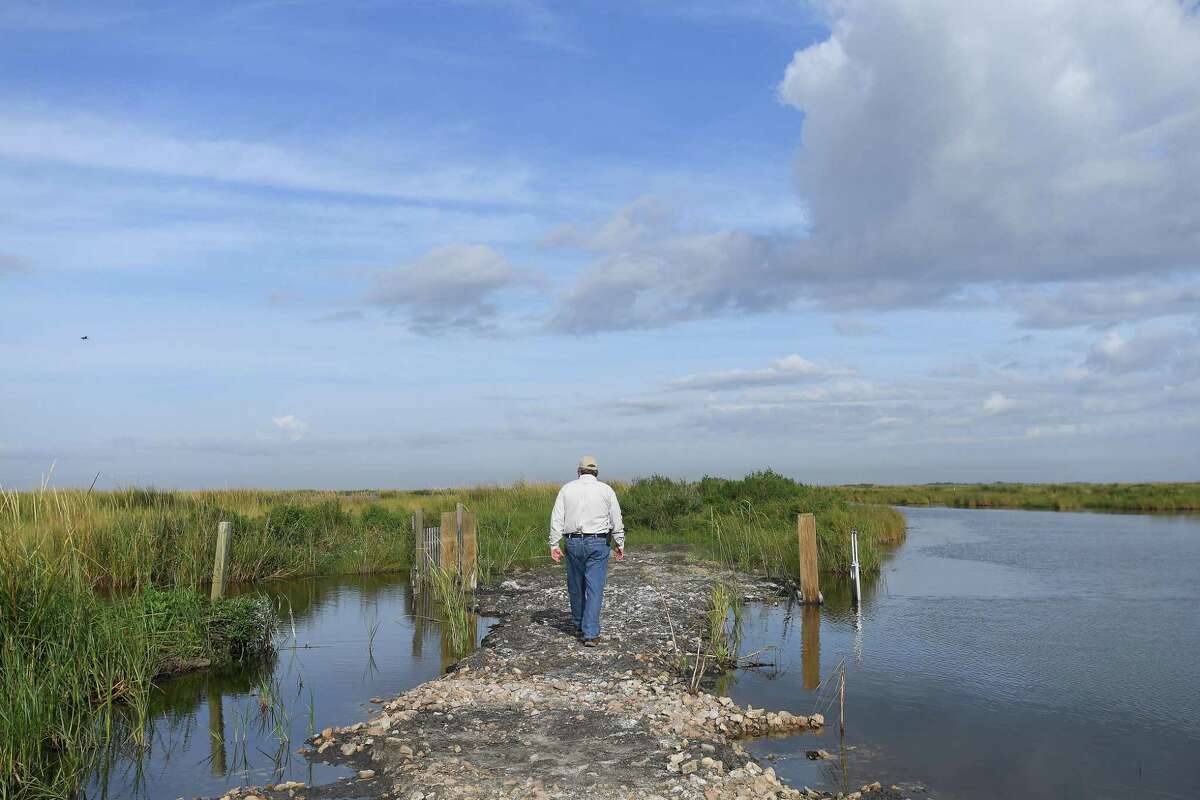 Texas Parks and Wildlife Project Leader Michael Rezsutek checks out the marshlands that are continuing to undergo repairs from prior restoration efforts in the J. D. Murphree Wildlife Management Area. Funds for coastal restoration in Jefferson County will help restore additional marshlands and dunes surrounding the Gulf Coast. Photo made Wednesday, October 20, 2021 Kim Brent/The Enterprise