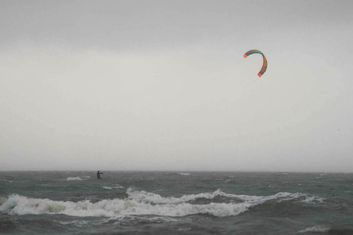 Wind conditions made for an adventurous kite sailing expedition off the shores of Alameda Beach in Alameda, Calif on Sunday, October 24, 2021. Heavy rain was forecasted to inundate the Bay Area for most of the overnight hours into the day.