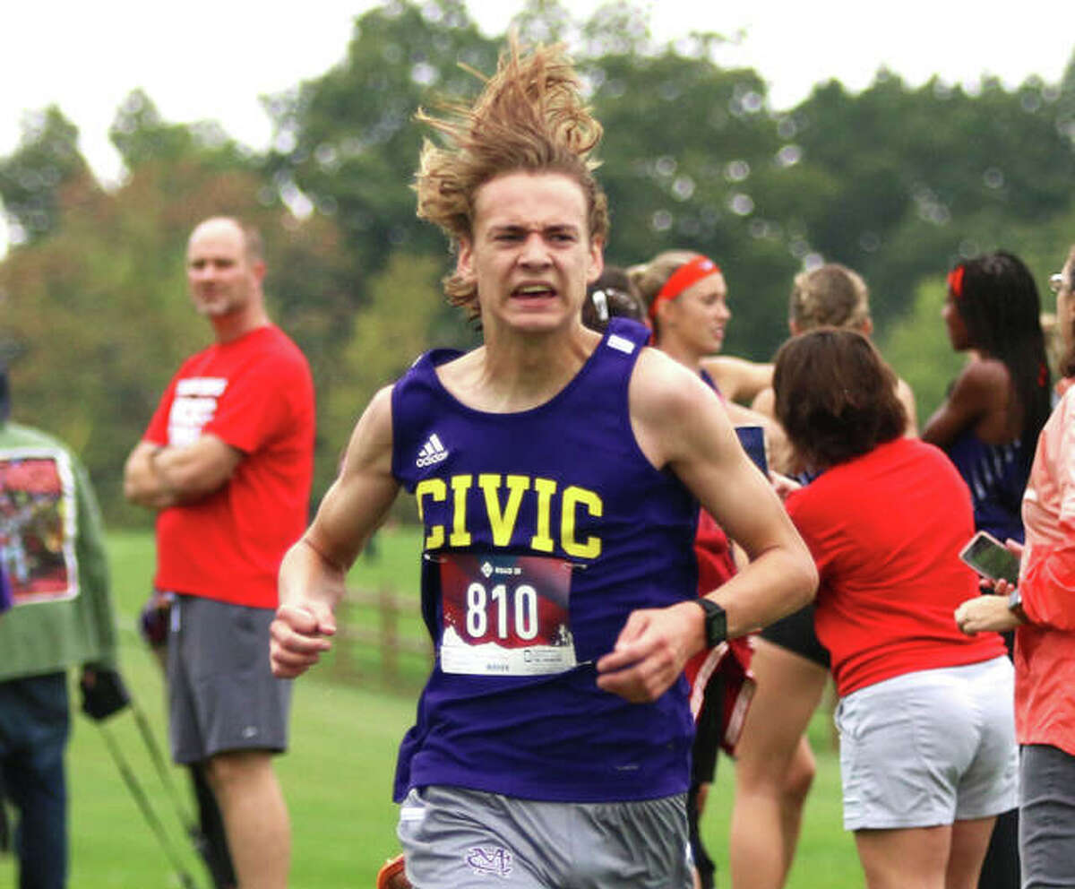 CM’s Jackson Collman, shown pushing to the finish in the MVC Meet in Elsah on Oct. 14, ran third to lead the Eagles to a runner-up team finish in the Class 2A regional in Alhambra.