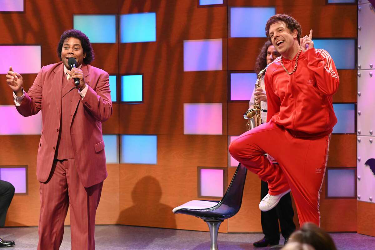 Kenan Thompson as Diondre Cole and host Jason Sudeikis during the "What Up With That" sketch on "Saturday Night Live." 