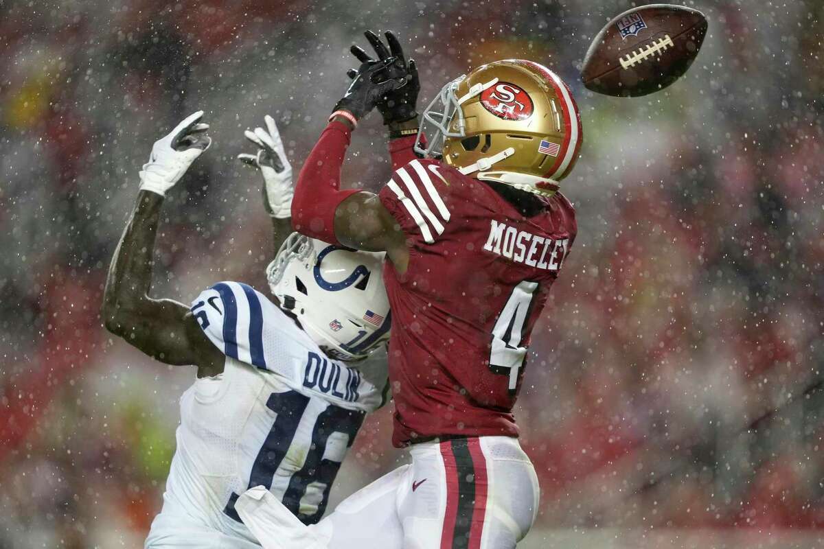 San Francisco 49ers defensive back Emmanuel Moseley (4) defends a pass intended for Indianapolis Colts wide receiver Ashton Dulin (16) during the second half of an NFL football game in Santa Clara, Calif., Sunday, Oct. 24, 2021. (AP Photo/Tony Avelar)