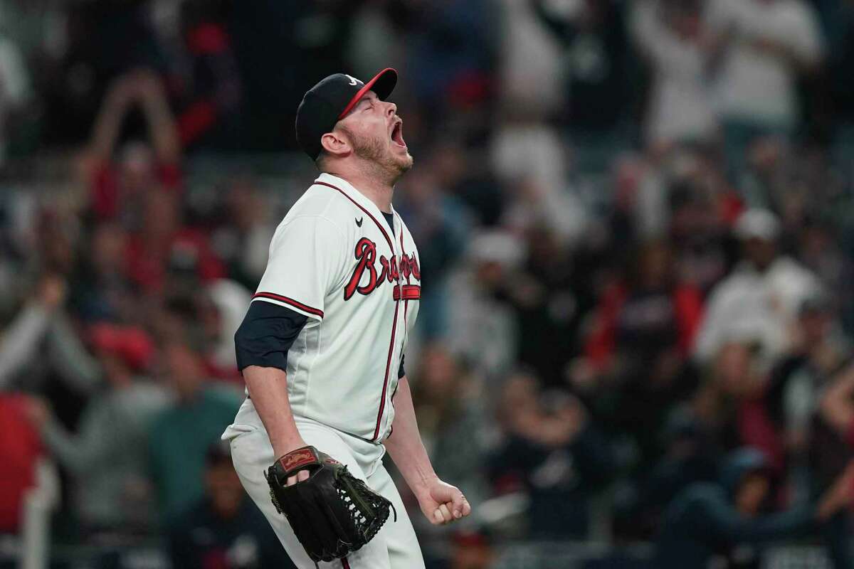 Atlanta Braves pitcher Tyler Matzek reacts after striking out Los Angeles Dodgers' Mookie Betts to end the seventh inning in Game 6 of baseball's National League Championship Series Saturday, Oct. 23, 2021, in Atlanta.