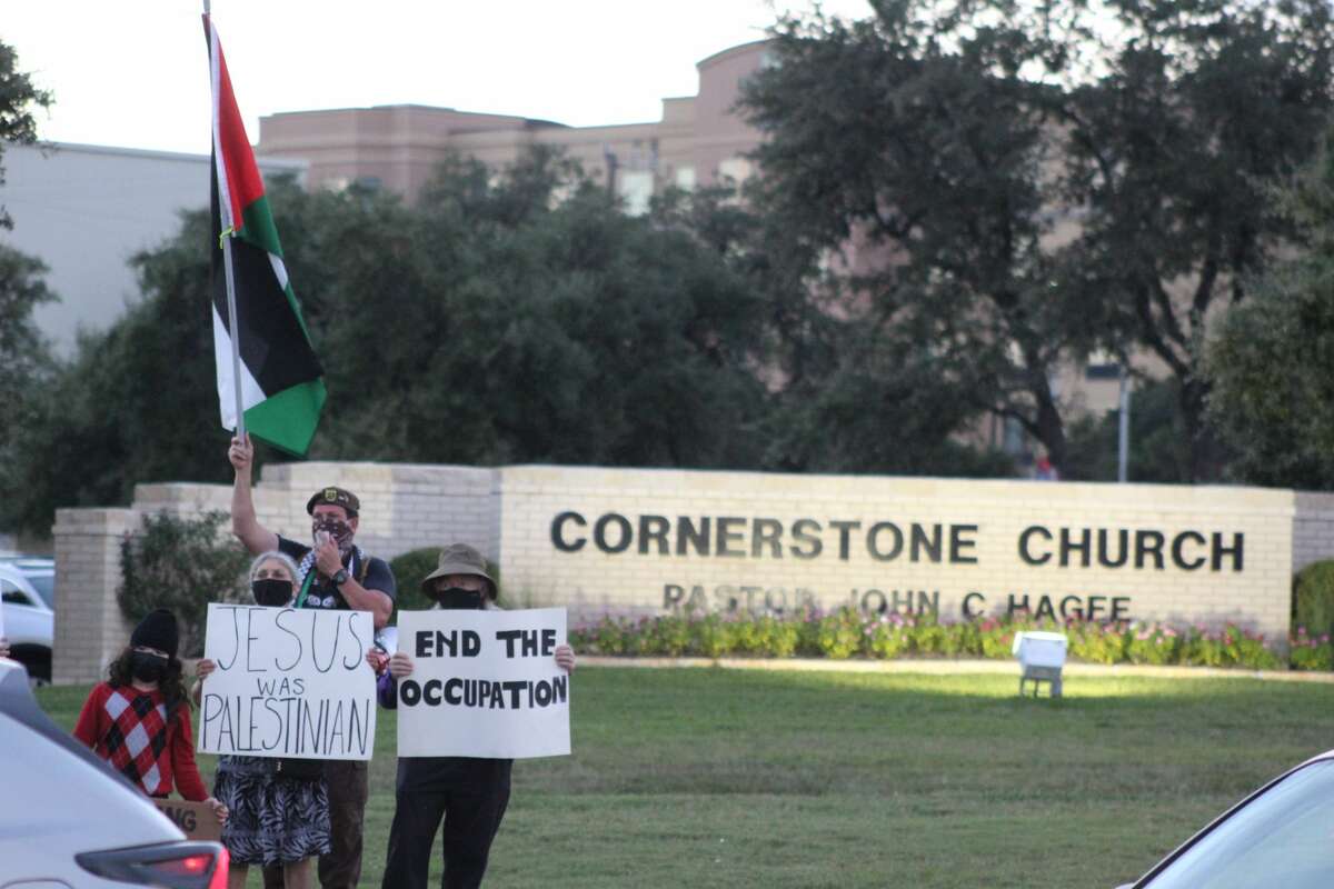 About 50 protesters demonstrate against Cornerstone Church's "Night to Honor Israel" annual event Sunday, Oct. 24.