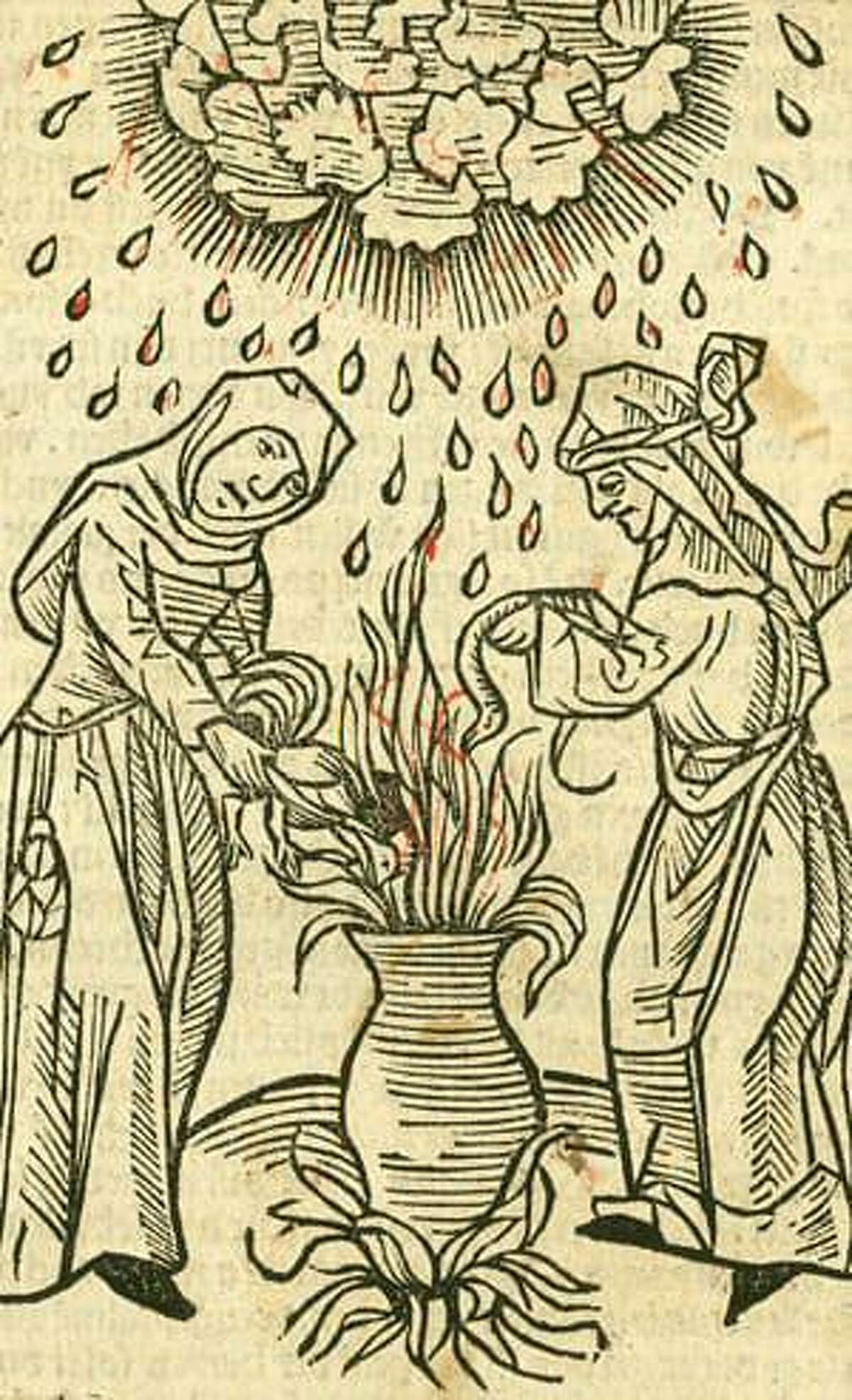 A woodcut illustration of witches casting a spell to conjure the weather by Ulrich Molitor from his 1489 treatise on witchcraft, De Lamiis et Pythonicis Mulieribus (Of Witches and Diviner Women.)