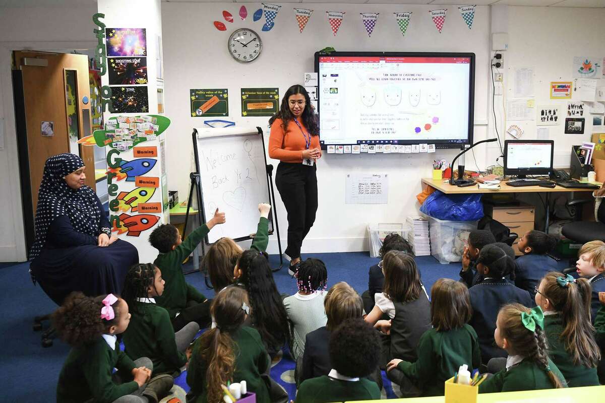 A primary school classroom at Halley House School in east London, on March 8 as schools reopened following the easing of England's third coronavirus lockdown restrictions.