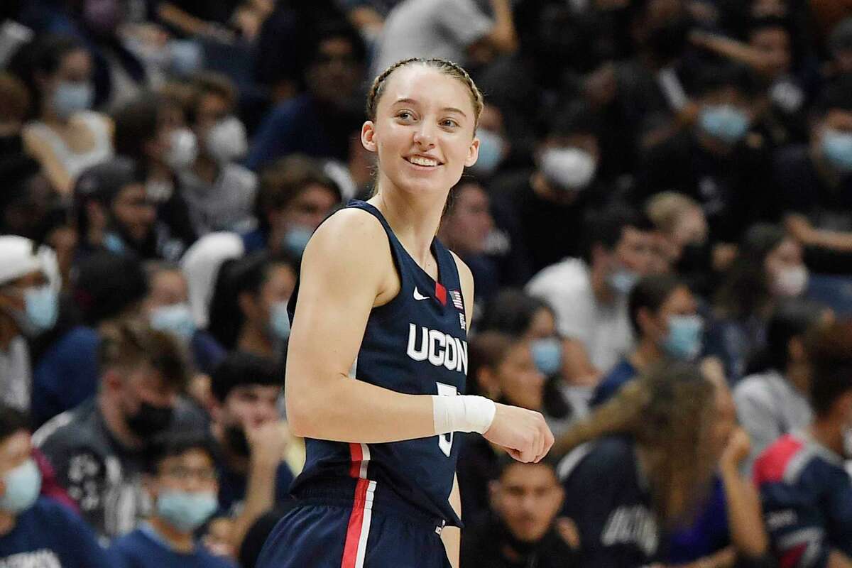 Connecticut's Paige Bueckers during UConn's men's and women's basketball teams annual First Night celebration, Friday, Oct. 15, 2021, in Storrs, Conn.