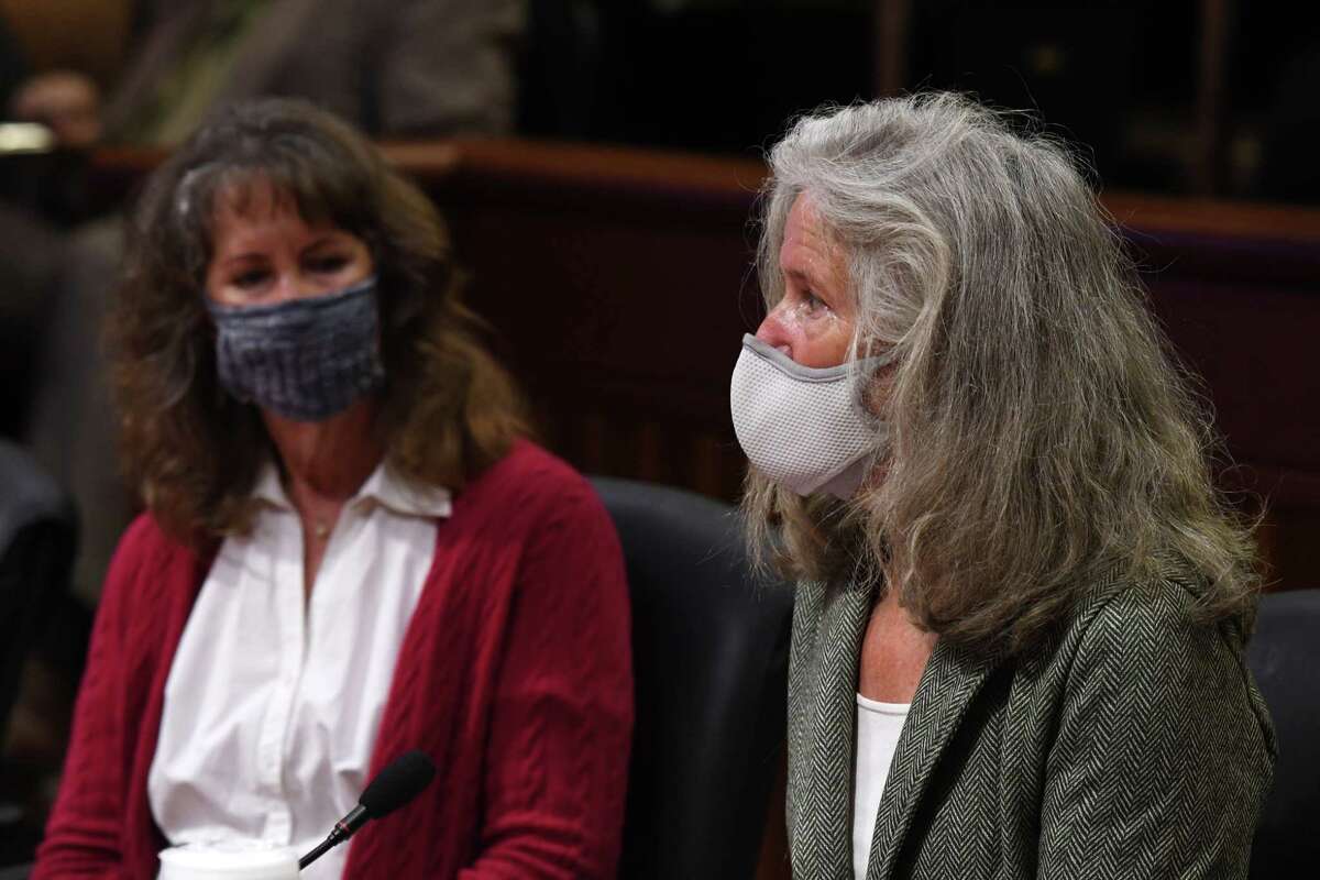 Diane Kennedy, president of New York News Publisher?•s Association, left, and Judy Patrick, vice president of editorial development for the New York Press Association, right, testify during an Assembly hearing on the COVID-19 pandemic?•s impact on the open meetings law on Monday, Oct. 25, 2021, at the Legislative Office Building in Albany, N.Y.