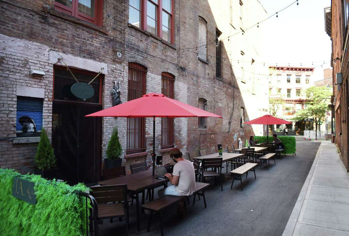 Outdoor seating on Franklin Street for Jacob Alejandro cafe on Wednesday, Oct. 20, 2021, in Troy, N.Y.