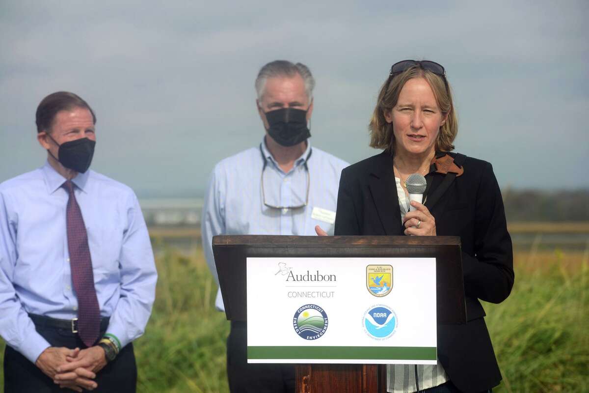 Corrie Folsom-O'Keefe, Director of Bird Conservation for Audubon Connecticut, speaks during a news conference at Long Beach, adjacent Great Meadows Marsh, in Stratford, Conn. Oct. 25, 2021. A major restoration project will soon begin in the marsh, which is part of the Stewart B. McKinney National Wildlife Refuge.