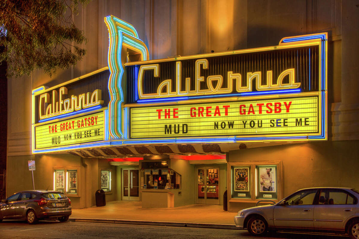 A photo of the California Theatre's neon marquee at night in 2013. 
