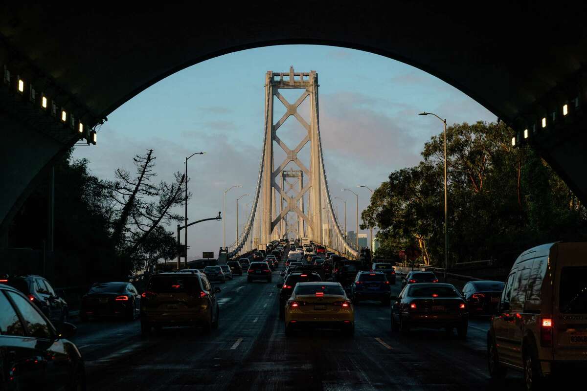 The Bay Bridge is seen clogged with traffic the morning after heavy rain hit the region around San Francisco, Calif., on Monday, October 25, 2021. A pedestrian was arrested on the bridge Wednesday evening.