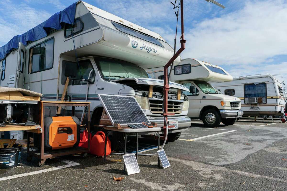 Some residents of the Shoreline parking lot have invested in alternative energy sources to power the electronics in their residences in Mountain View, Calif., on Friday, Oct. 22, 2021. Some Bay Area cities are experimenting with “safe parking lots” as more unhoused people take shelter in vehicles.