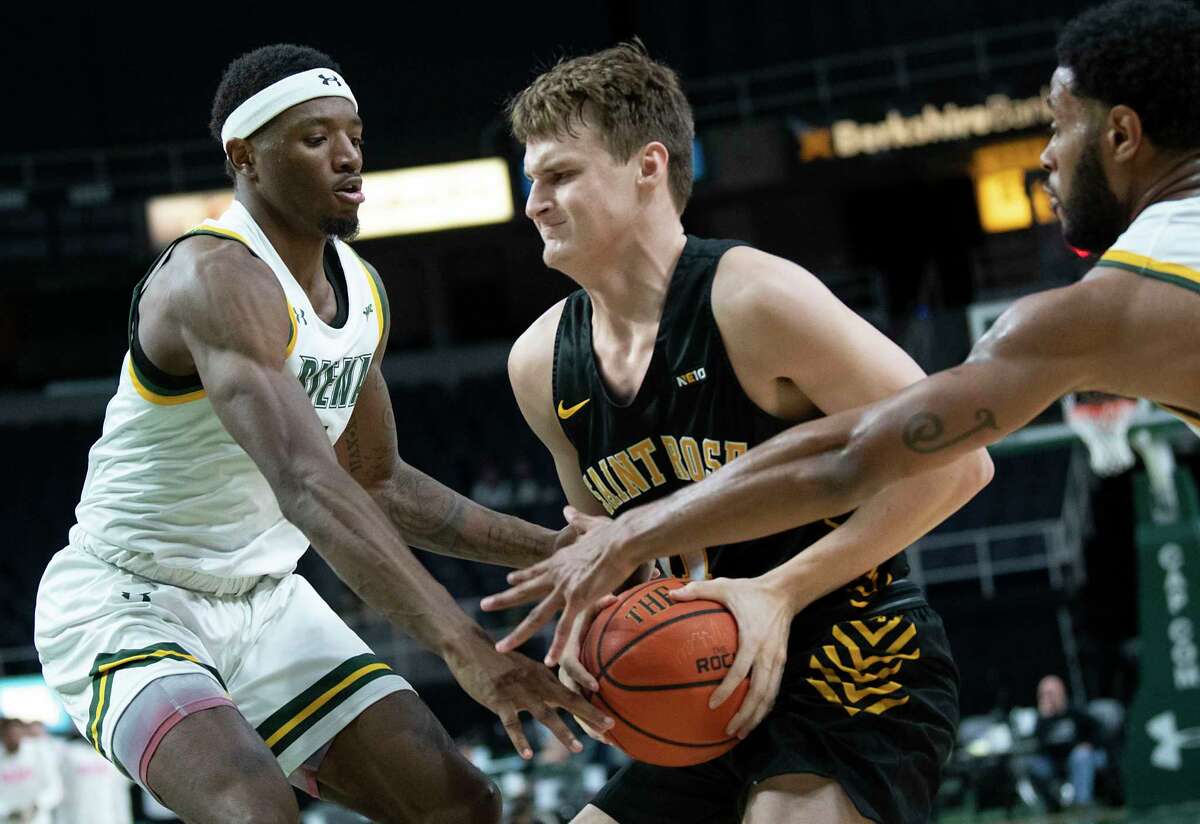 Shane O’Dell, right, shown earlier this season, had 16 points in the Golden Knights' loss to Bentley in the Northeast-10 Conference quarterfinals on Monday.