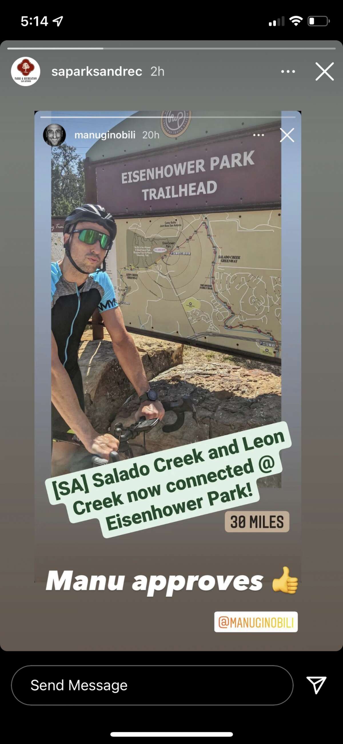 The San Antonio Parks and Recreation Department reposted a picture of Manu Ginóbili enjoying the trail at Eisenhower Park. 