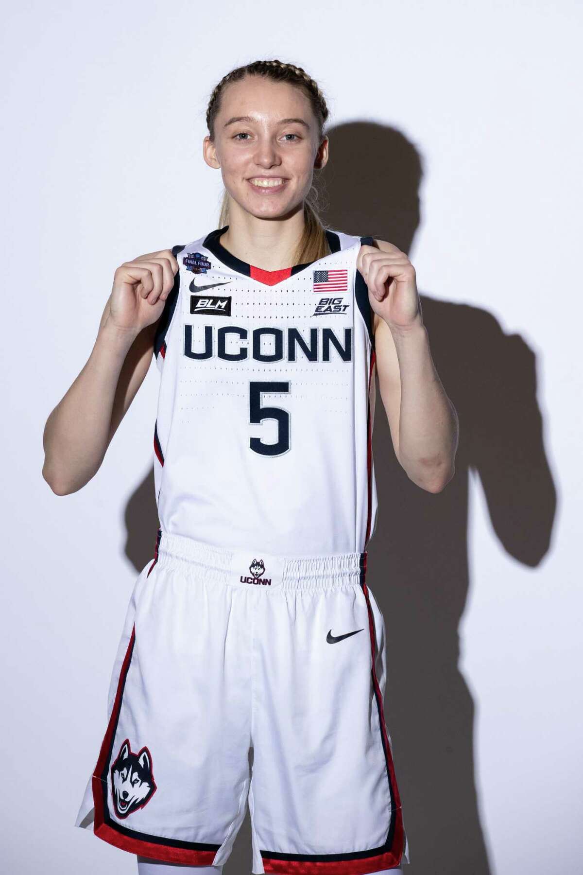 Paige Bueckers #5 of the UConn Huskies poses during media day during the NCAA Women's Basketball Tournament at Henry B. González Convention Center.