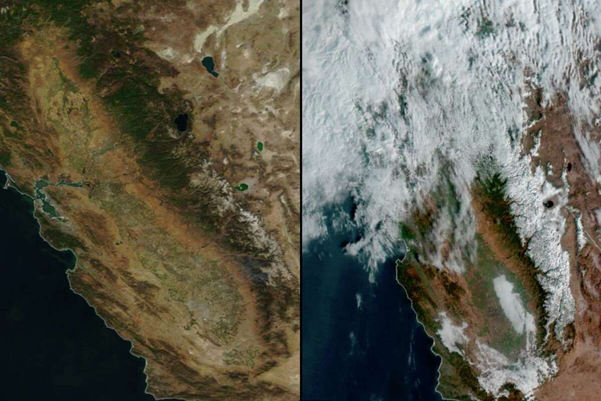 Satellite images of California from Oct. 16, left, and Oct. 26, 2021, show notable Sierra snowfall produced by an atmospheric river storm Oct. 24-25.