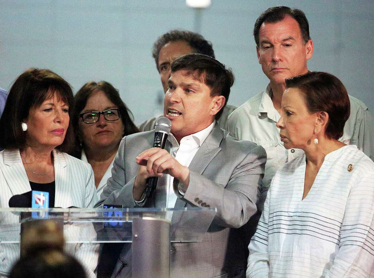 U.S. Rep. Vicente Gonzalez, shown speaking at a 2019 event in McAllen, has announced he’s switching districts.