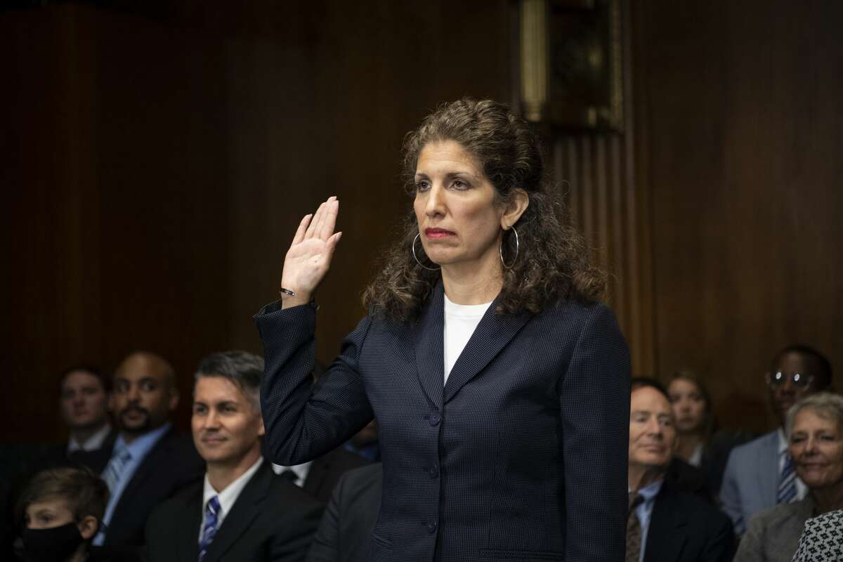 Myrna Perez swears in before testifying before the Senate Judiciary Committee during her nomination hearing to be U.S. circuit judge for the Second Circuit, in Washington on Wednesday, July 14, 2021. 