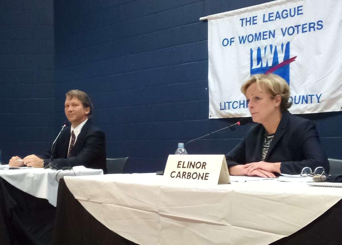 Torrington Mayor Elinor Carbone, a Republican, and Democrat challenger Stephen Ivain at a League of Women Voters of Litchfield County debate Oct. 25.