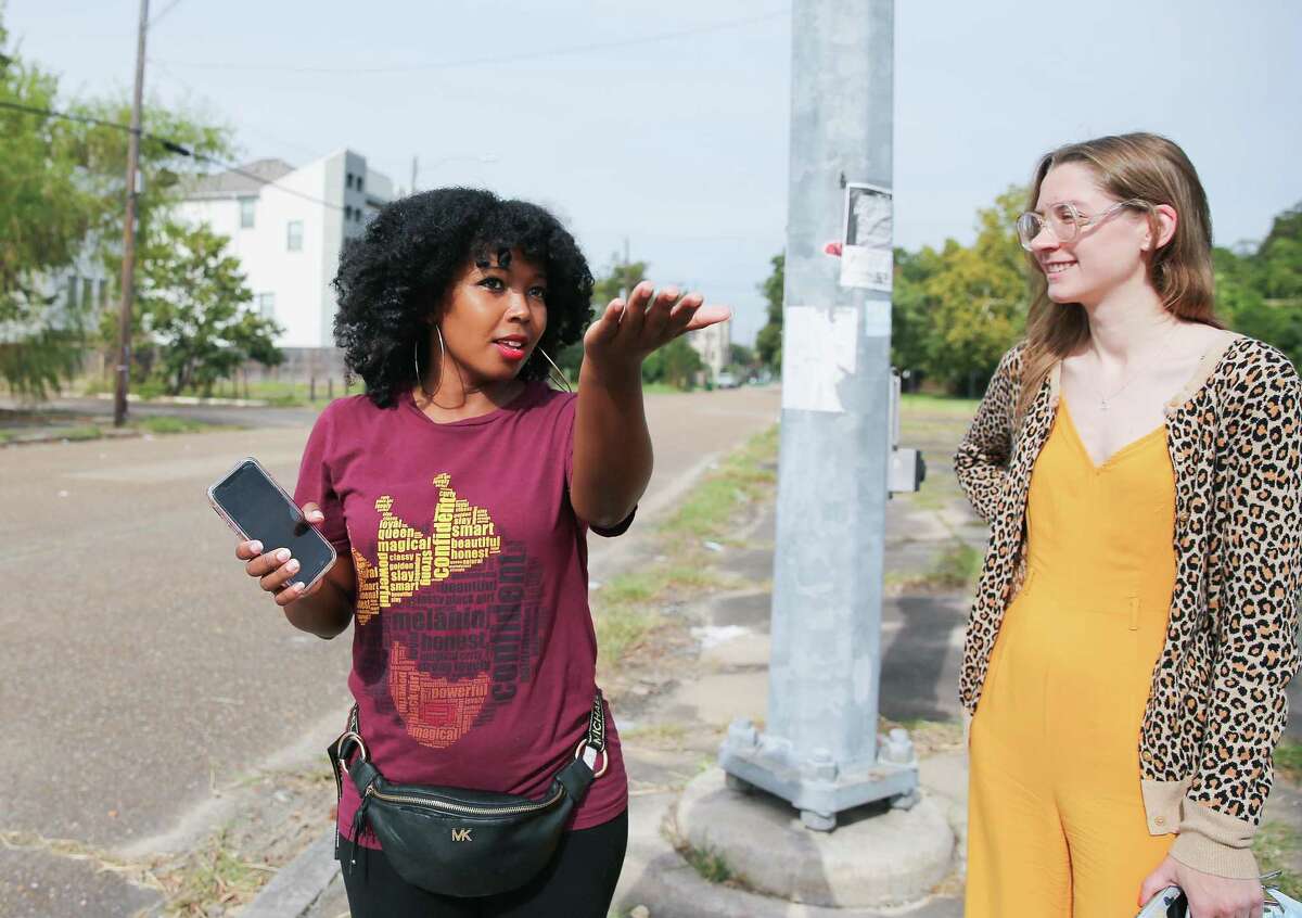 ShaWanna Renee Rivon talks with Liz Sholar from Project Row Houses, in Third Ward in Houston on Wednesday, Oct. 20, 2021. Sholar worked as a historian for Rivon's virtual tour for the historic Houston neighborhood.