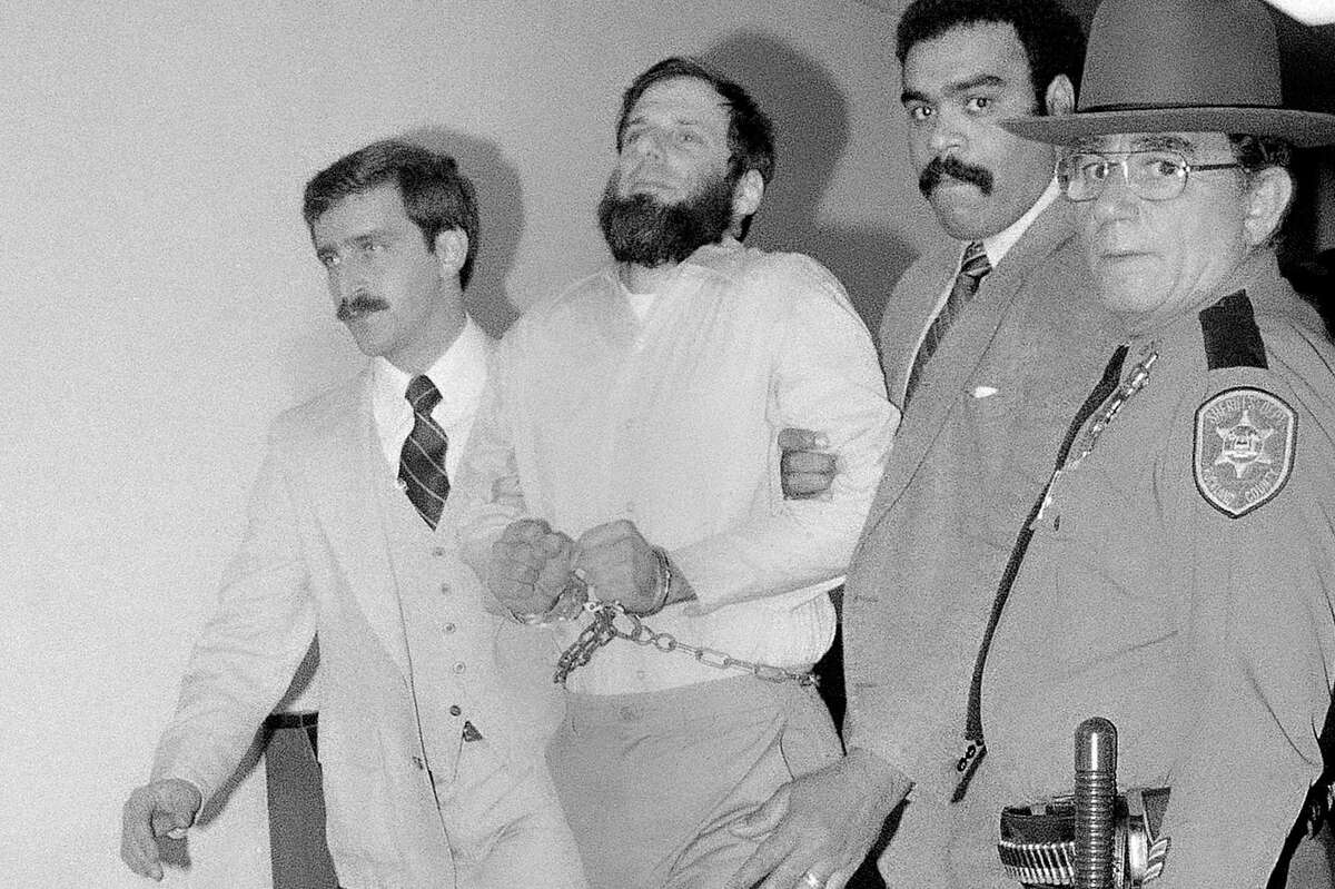 David Gilbert, seen in 1981 in custody in Rockland County Court in New City, has been granted parole after four decades in prison for his role in a 1981 fatal Brink’s robbery. His son, San Francisco District Attorney Chesa Boudin, expressed gratefulness for the parole decision.