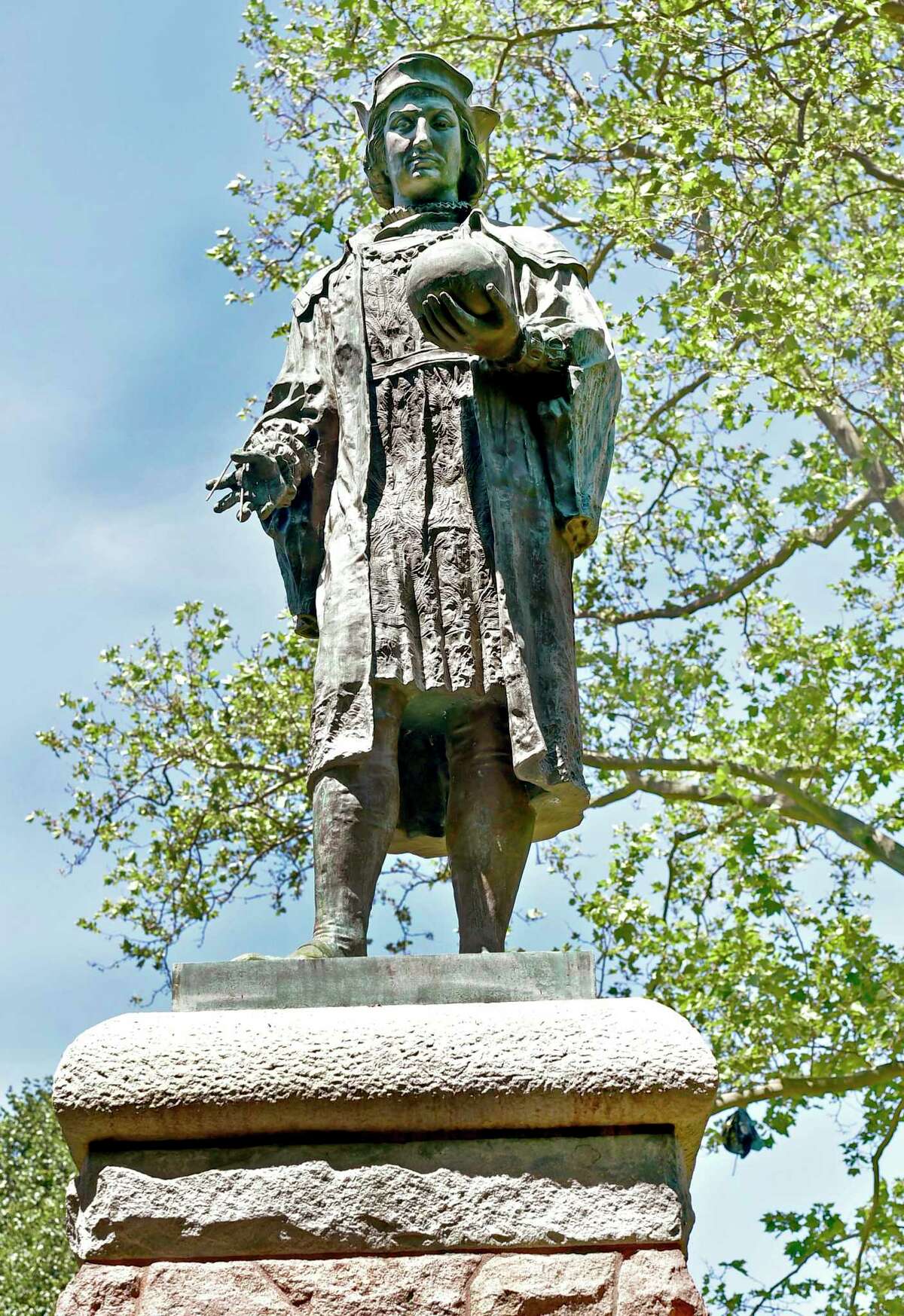 The statue of Christopher Columbus at Wooster Square Park in New Haven on June 19, 2020.