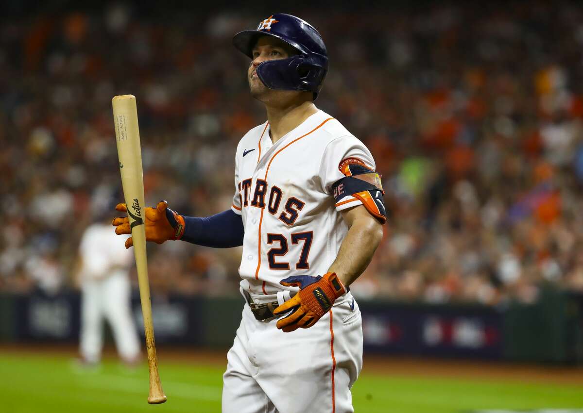 Martin Maldonado of the Houston Astros hits an RBI single in the second  inning of Game 2 of the World Series against the Atlanta Braves on Oct. 27,  2021, at Minute Maid