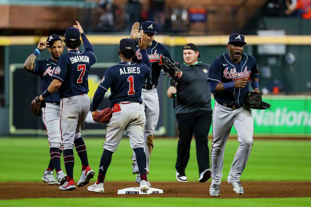 Atlanta celebrates their Game 1 win of the World Series on Tuesday, Oct. 26, 2021 at Minute Maid Park in Houston.