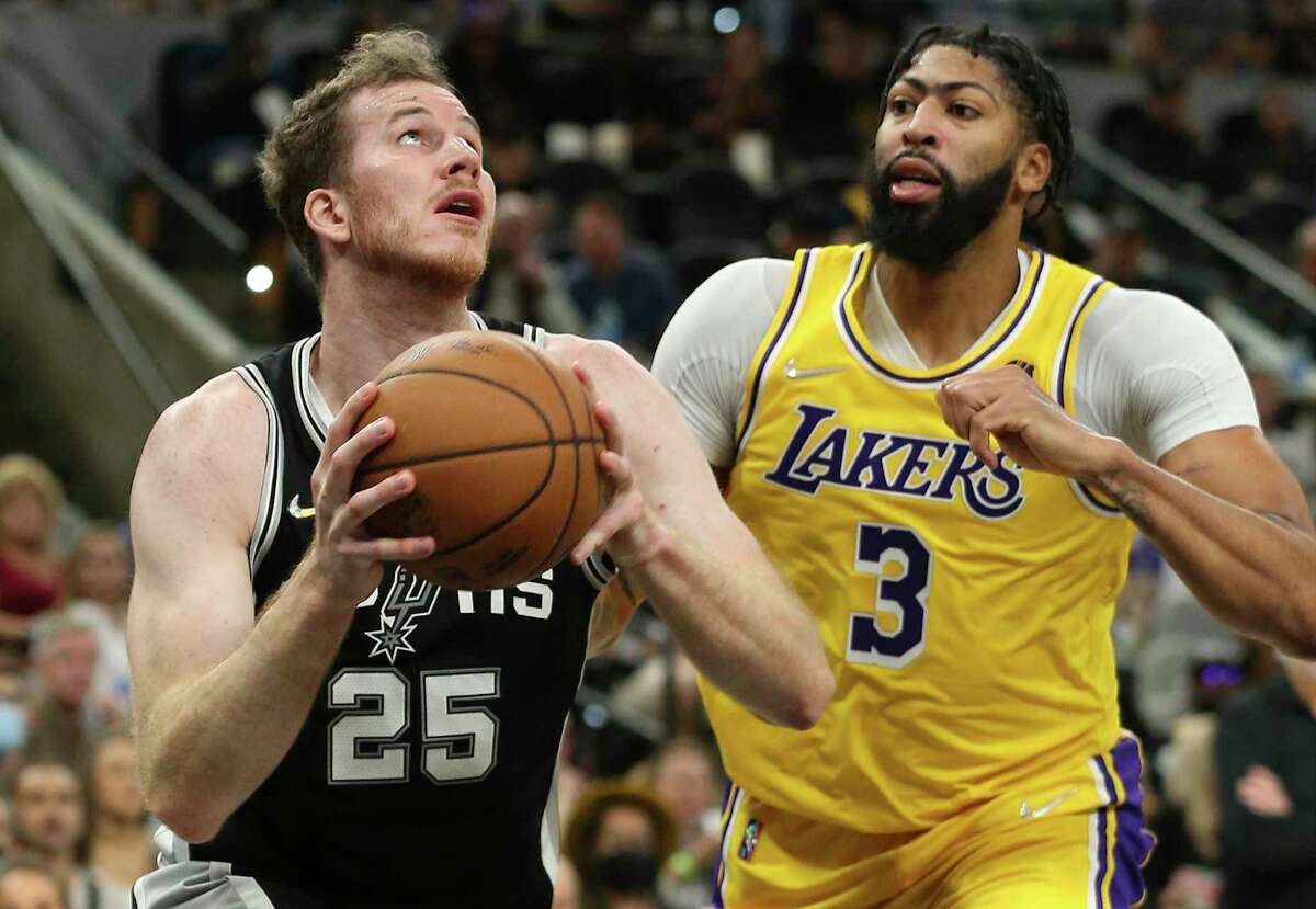 In many ways, starting center Jakob Poeltl, driving on the Lakers’ Anthony Davis on Oct. 26 at the AT&T Center, was the player the Spurs could least afford to lose for an extended period. “He’s been brilliant,” coach Gregg Popovich said.