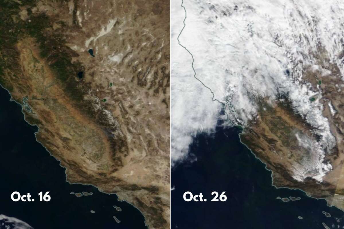 Satellite imagery shows California on Oct. 16 and Oct. 26, revealing the snow an atmospheric river brought to the Sierra Nevada mountain range.