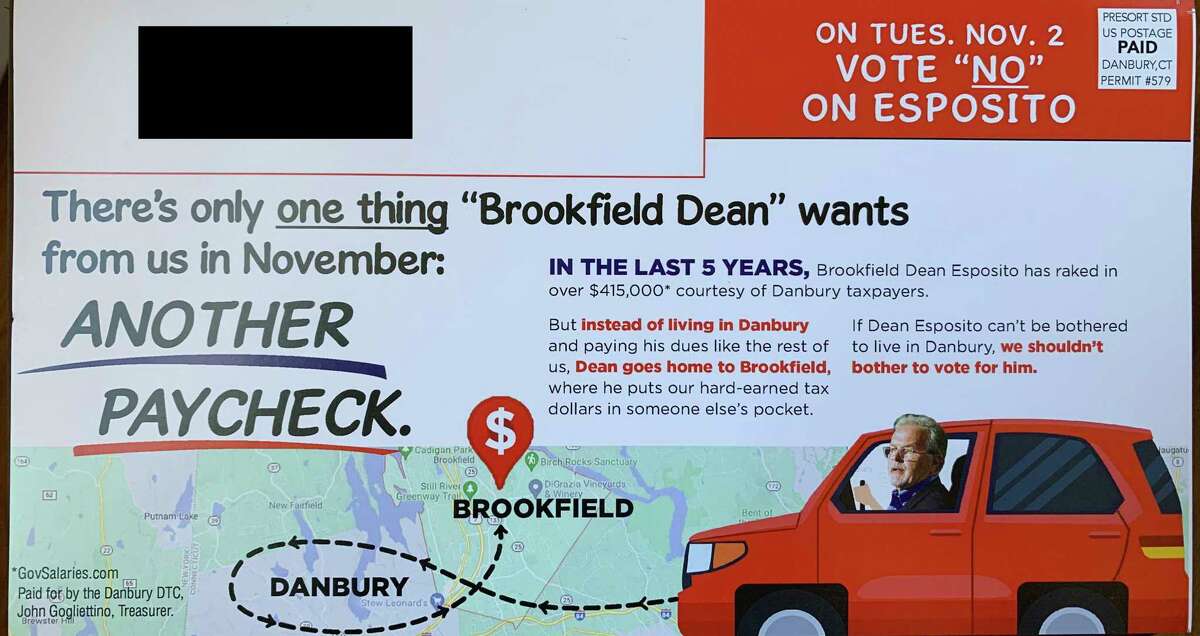 The Democratic Town Committee mailed a campaign flyer criticizing Republican mayoral candidate Dean Esposito for living in Brookfield prior to announcing his candidacy. He still owns his Brookfield home.
