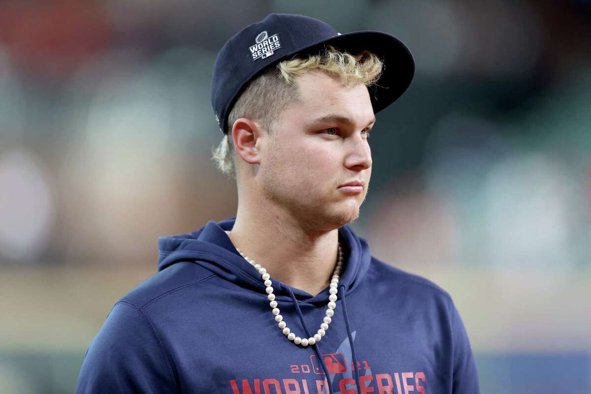 HOUSTON, TEXAS - OCTOBER 26: Joc Pederson #22 of the Atlanta Braves looks on prior to Game One of the World Series against the Houston Astros at Minute Maid Park on October 26, 2021 in Houston, Texas.
