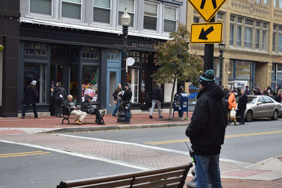 Shooting of the Netflix film "Mr. Harrigan's Phone," a Stephen King adaptation, in South Norwalk's Washington Street on Oct. 27, 2021.
