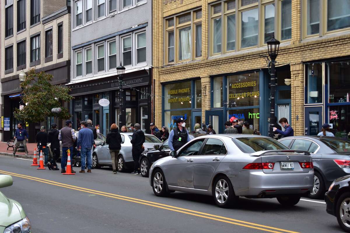 Shooting of the Netflix film "Mr. Harrigan's Phone," a Stephen King adaptation, in South Norwalk's Washington Street on Oct. 27, 2021.