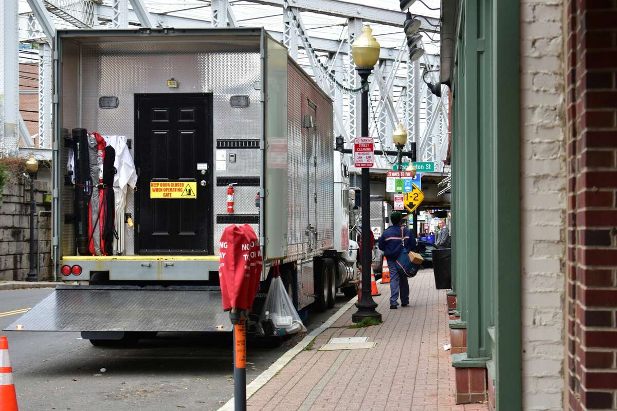 Film crew at the shooting of the Netflix movie "Mr. Harrigan's Phone," a Stephen King adaptation, in South Norwalk's Washington Street on Oct. 27, 2021.