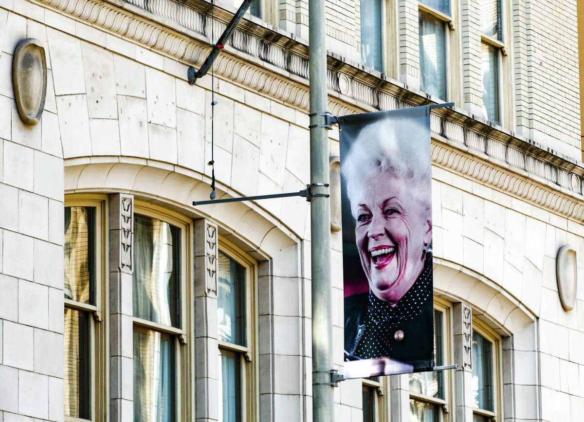 A banner celebrating the 30th anniversary of the inauguration of Ann Richards as governor of Texas hangs over St. Mary's Street in downtown San Antonio on Wednesday, Sept. 29, 2021.