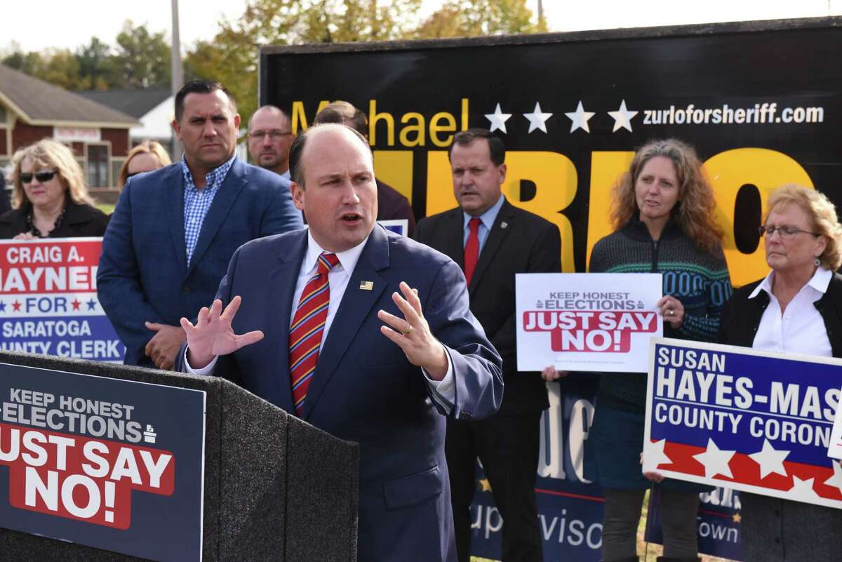 New York Republican Chairman Nick Langworthy holds a rally in Saratoga County to highlight the party?•s opposition to November election ballot propositions that could transform New York?•s voting laws on Wednesday, Oct. 27, 2021, in Ballston, N.Y.