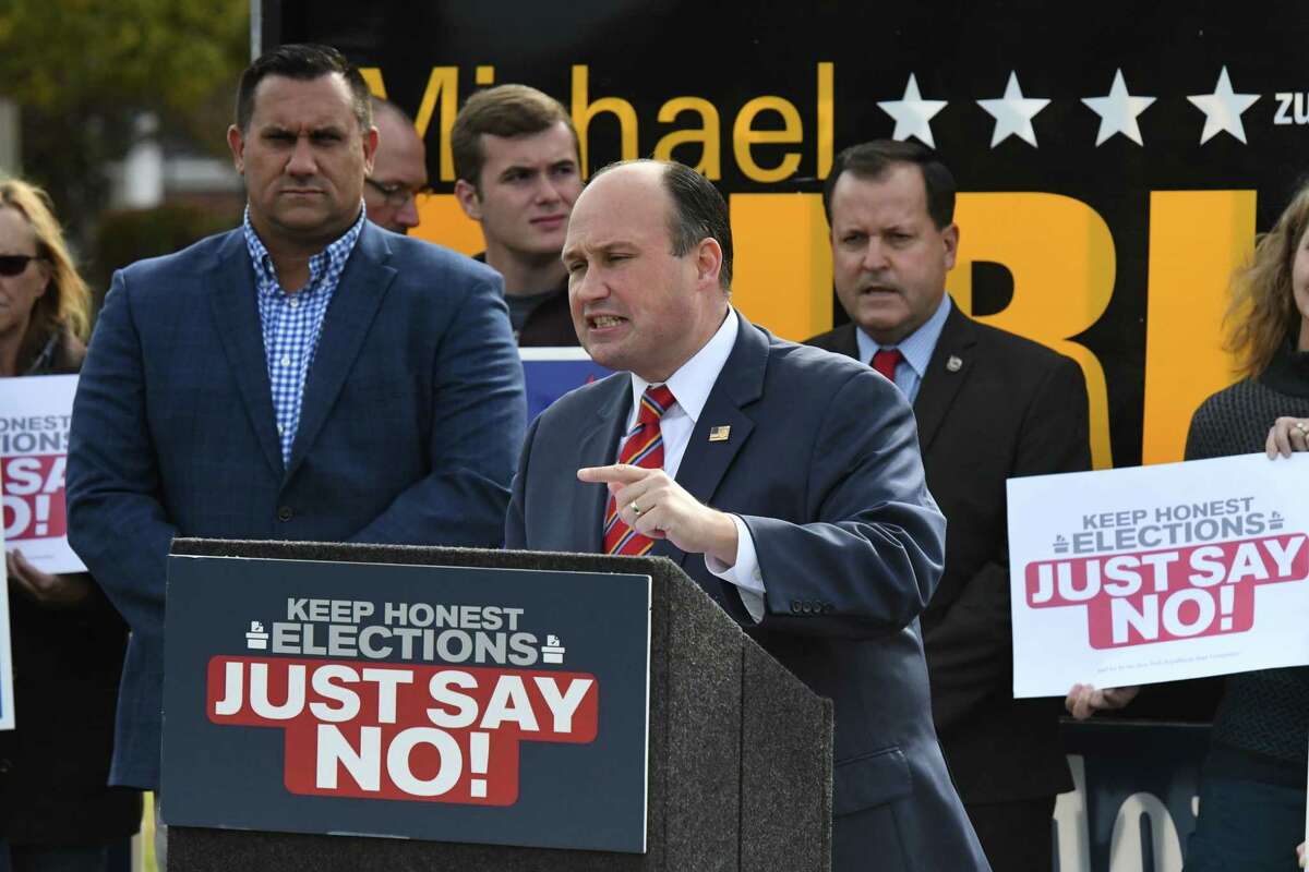 New York Republican Chairman Nick Langworthy holds a rally in Saratoga County to highlight the party?•s opposition to November election ballot propositions that could transform New York?•s voting laws on Wednesday, Oct. 27, 2021, in Ballston, N.Y.