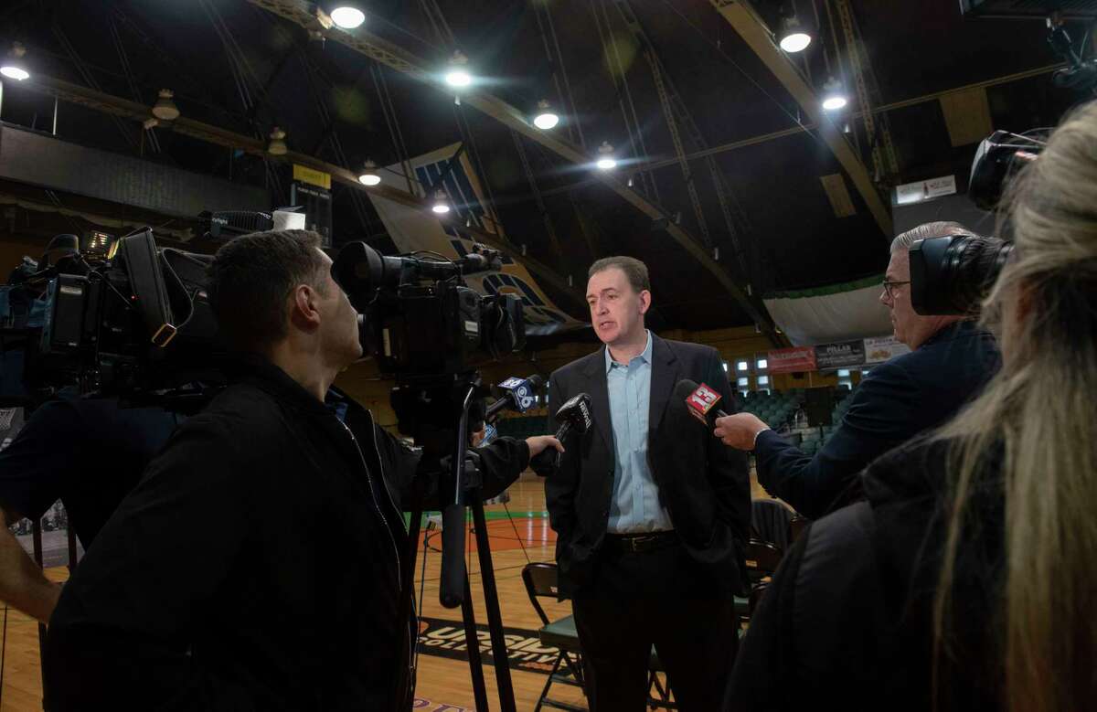 Former UAlbany men's basketball coach Will Brown is interviewed as the Albany Patroons introduce him as new head coach and general manager of the basketball team at Washington Avenue Armory on Wednesday, Oct. 27, 2021, in Albany, N.Y.
